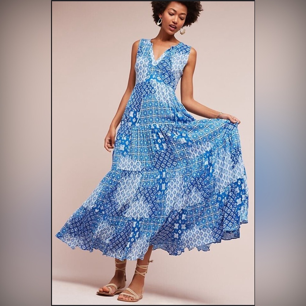 Anthropologie Raga blue white Cloud Nine boho prairie cottage Greek maxi dress